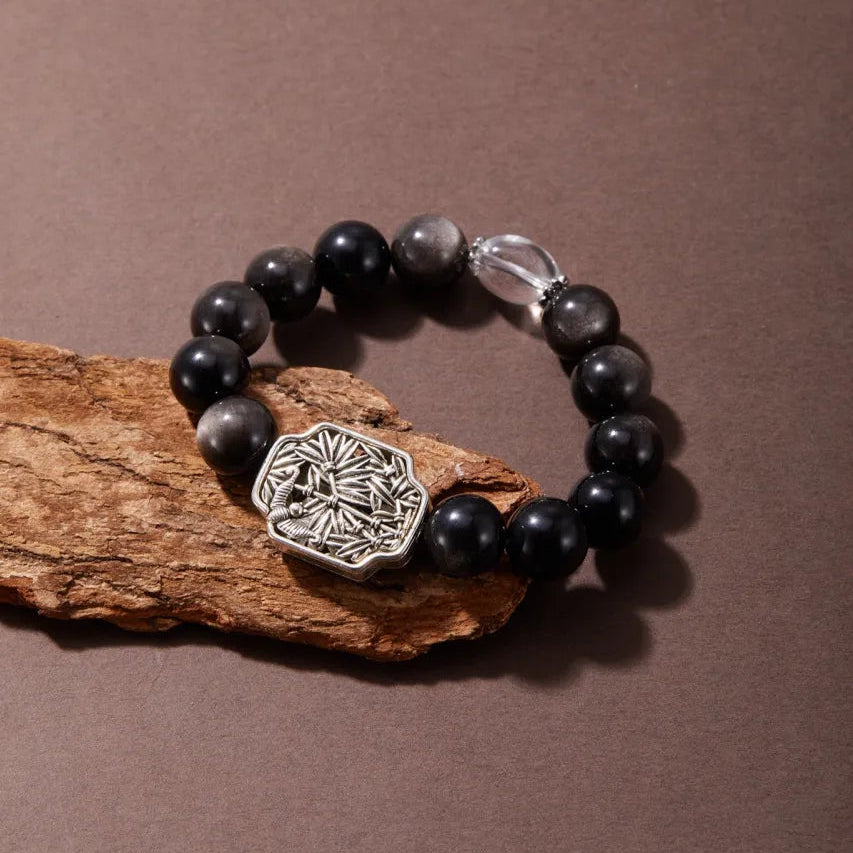 Lucky Charm Silver Obsidian Bracelet