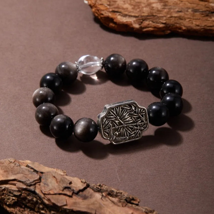 Lucky Charm Silver Obsidian Bracelet