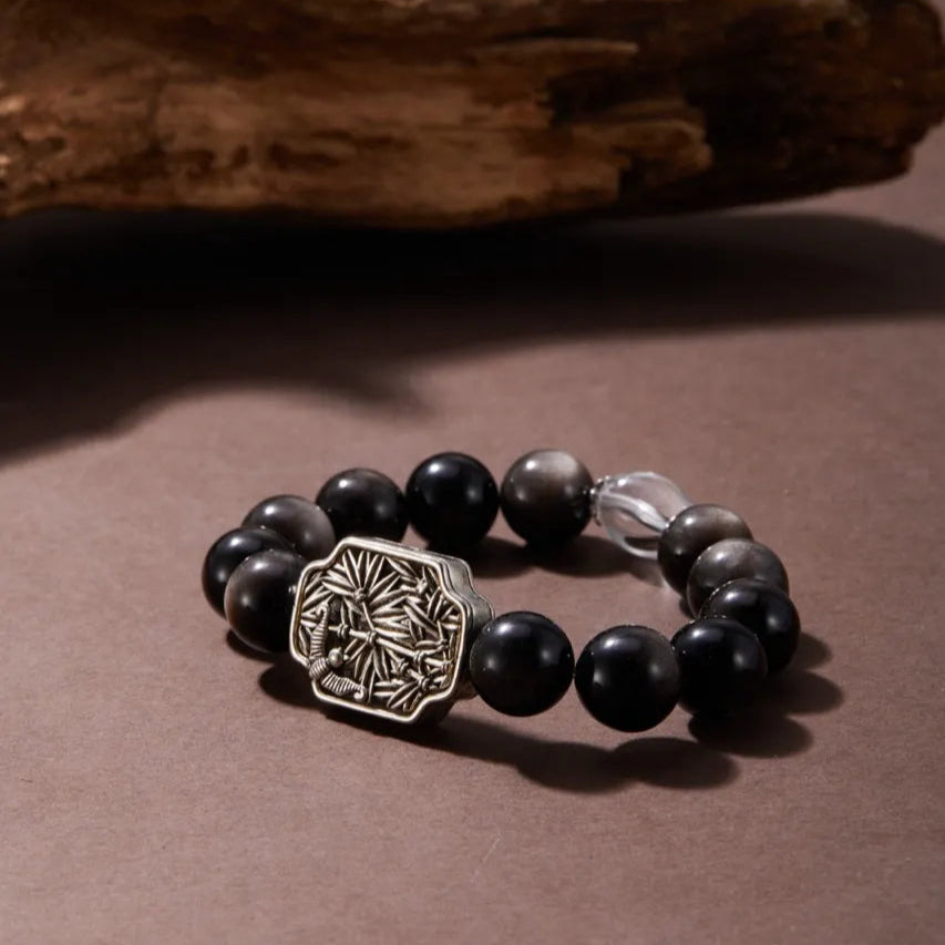 Lucky Charm Silver Obsidian Bracelet